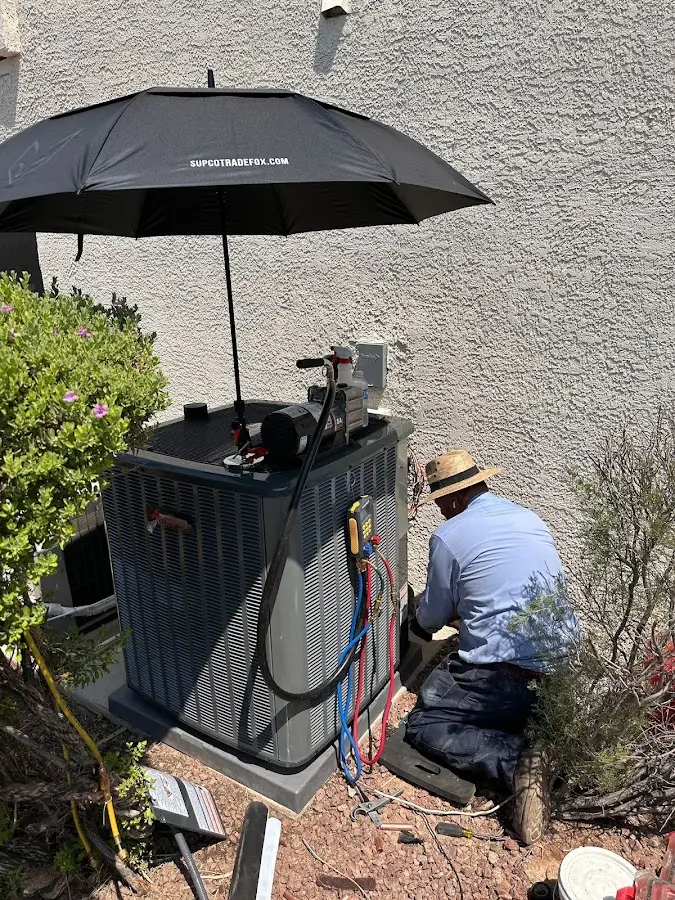 HVAC technician performing outdoor AC maintenance in Bridgeview